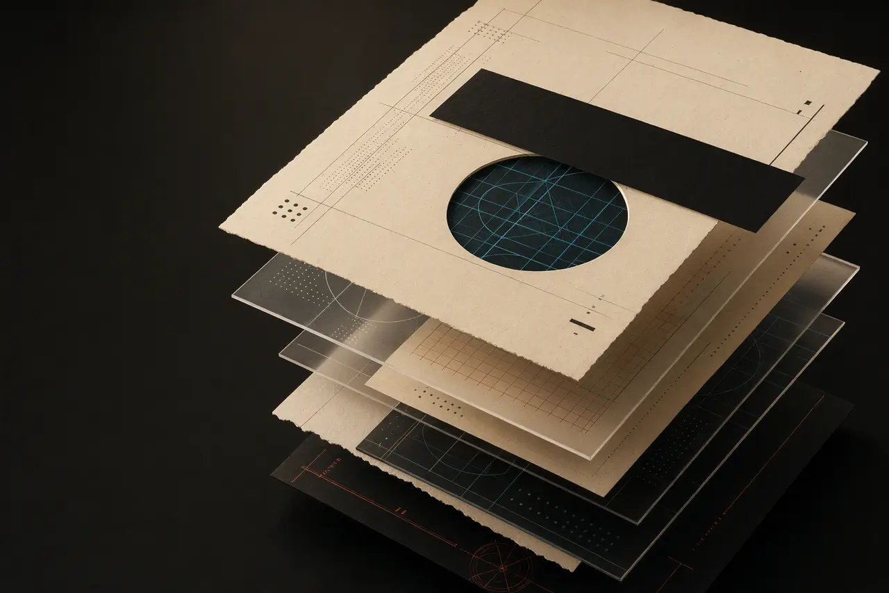 Exploded paper layers reveal cyan geometry beneath a black redaction bar through a circular inspection aperture.